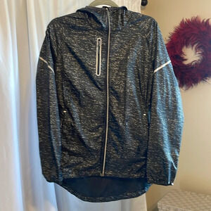Elevate black silver hooded light rain jacket windbreaker lower in back medium